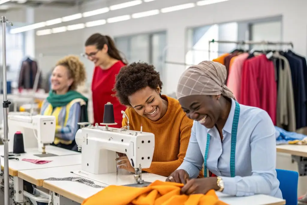 Diverse women sewing garments in creative fashion studio