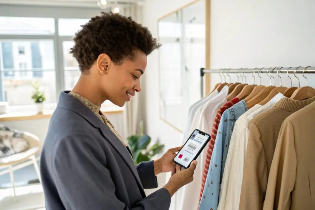 Young woman browsing clothing options on mobile near rack