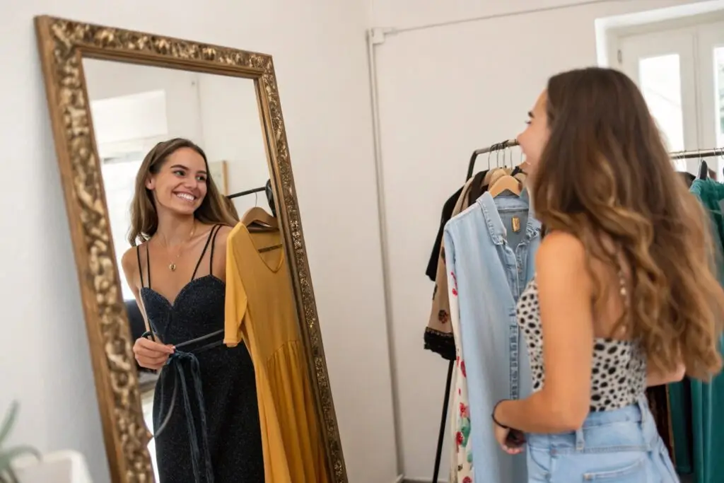 Smiling woman choosing between dresses in front of mirror