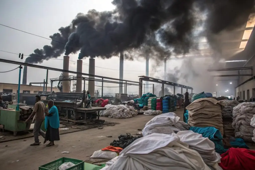 Textile factory emitting heavy smoke with fabric piles around
