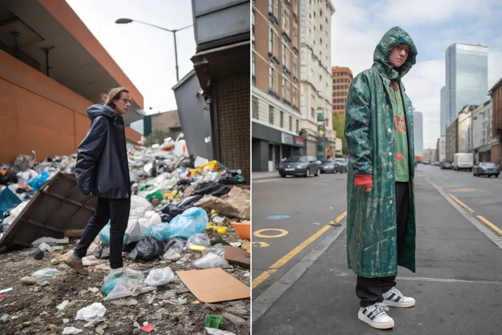 Split view of fast fashion waste and stylish reused garment