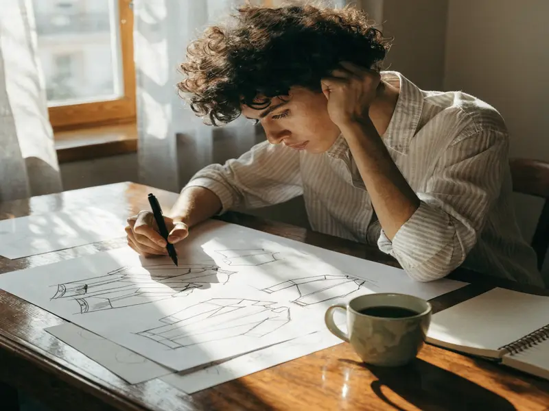 Person sketching clothing designs at wooden desk
