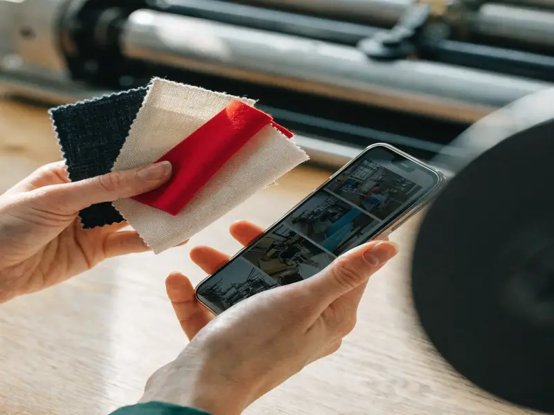 Hands holding fabric samples and smartphone showing factory photos