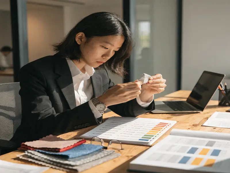 Business professional examining fabric samples
