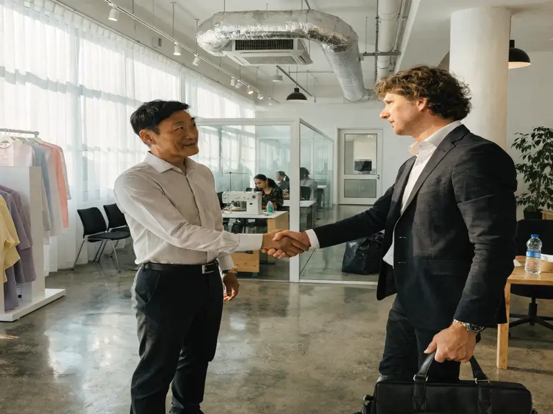Factory owner shaking hands with American client