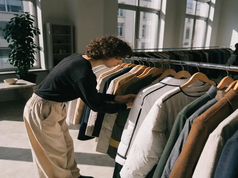 Person organizing finished garments on racks in showroom
